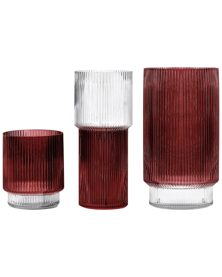 Set of 3 Cranberry Zinc Fluted Glass Vases - Red image