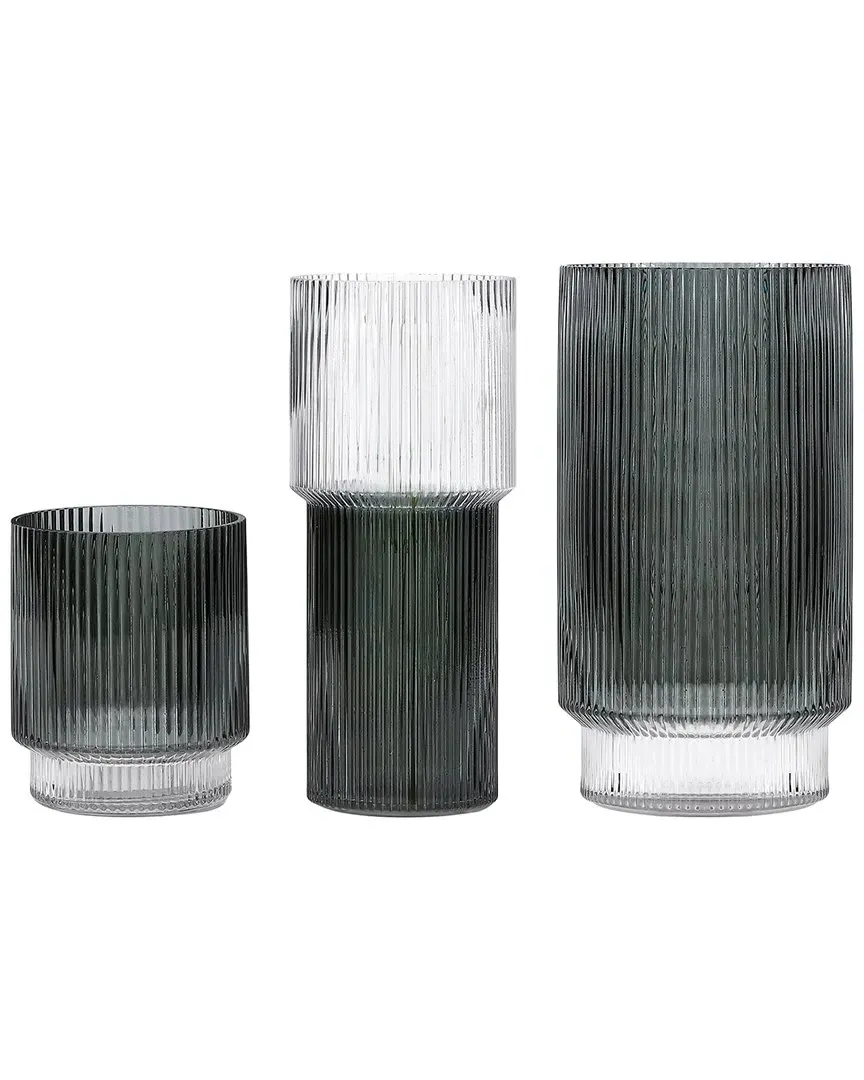 Set of 3 Zinc Fluted Glass Vases - Blue Grey