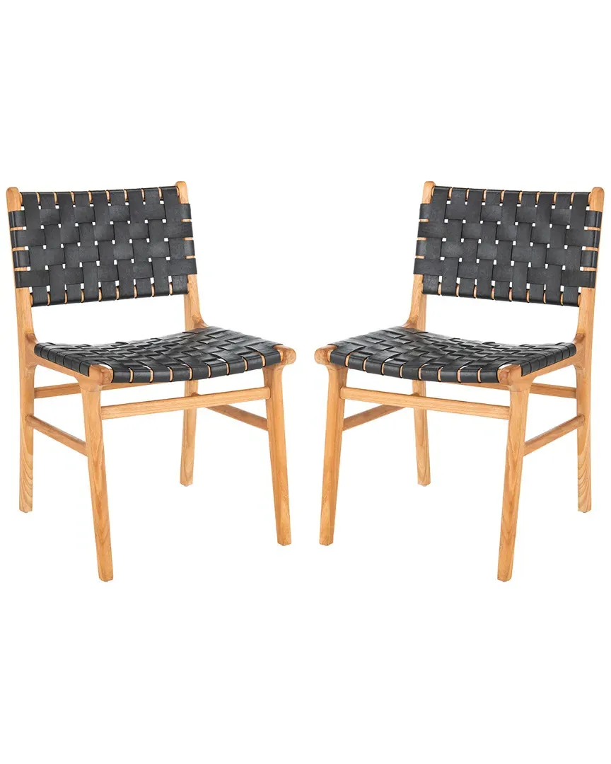 Taika Set of 2 Woven Dining Chairs - Black, Leather