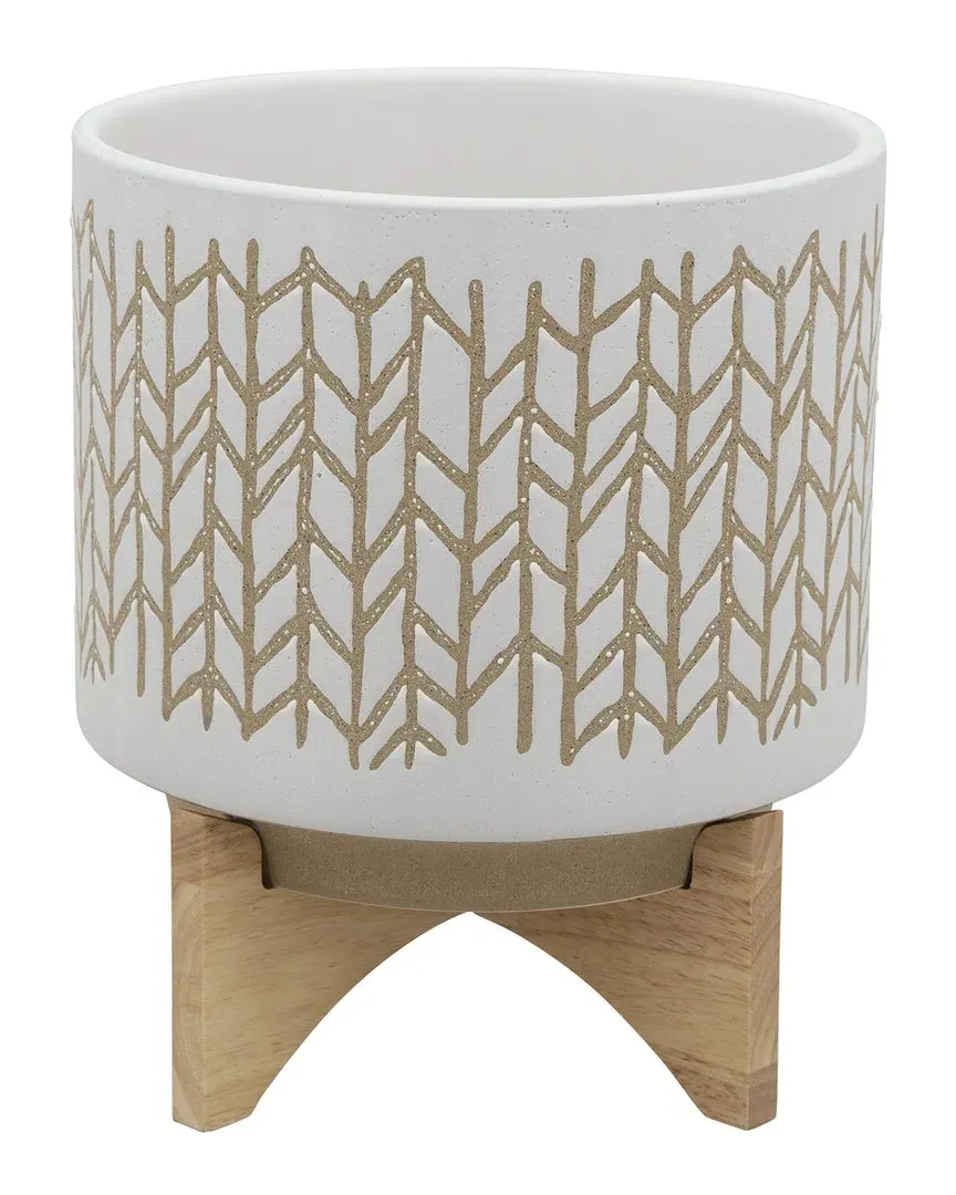Chevron Planter with Wood Stand - Ivory, Ceramic