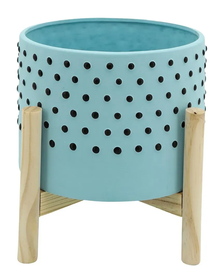 Dotted Planter with Wood Stand - Blue, Ceramic