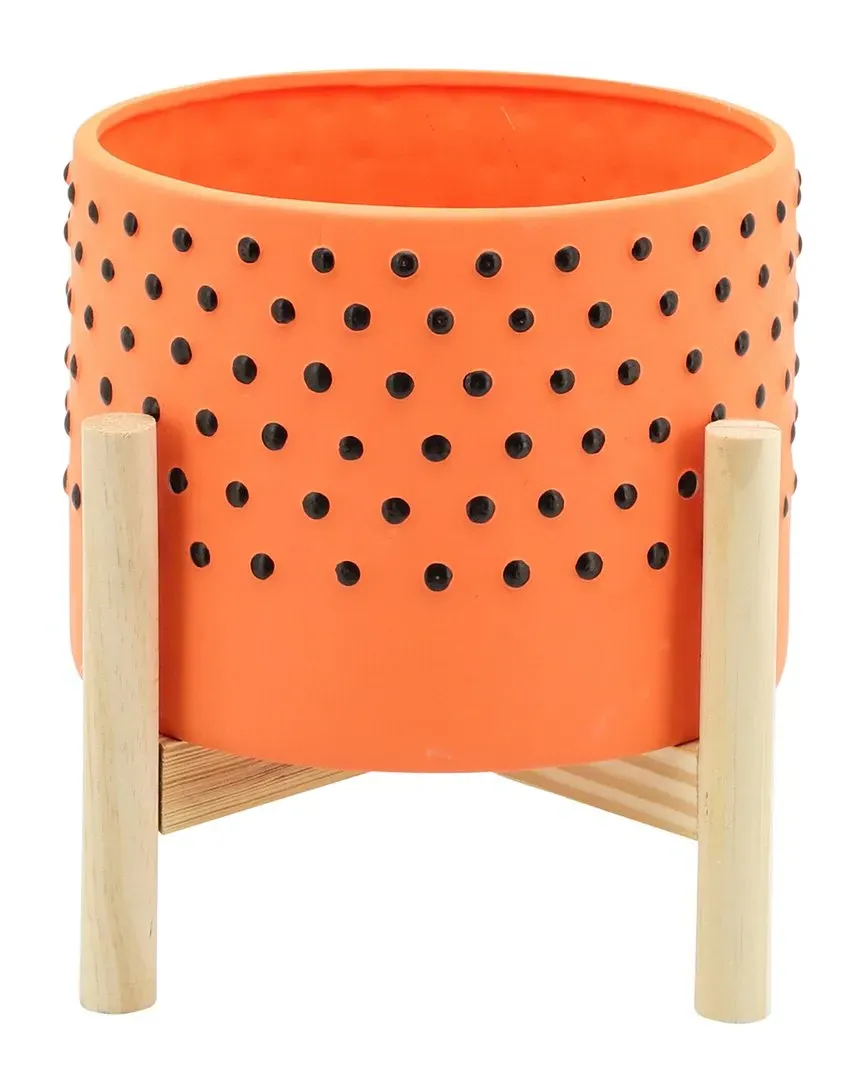 Dotted Planter with Wood Stand - Orange, Ceramic