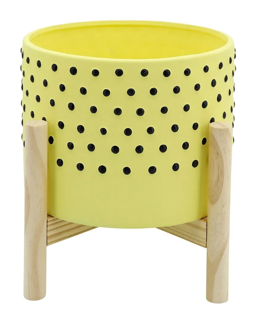 Dotted Planter with Wood Stand - Yellow, Ceramic image