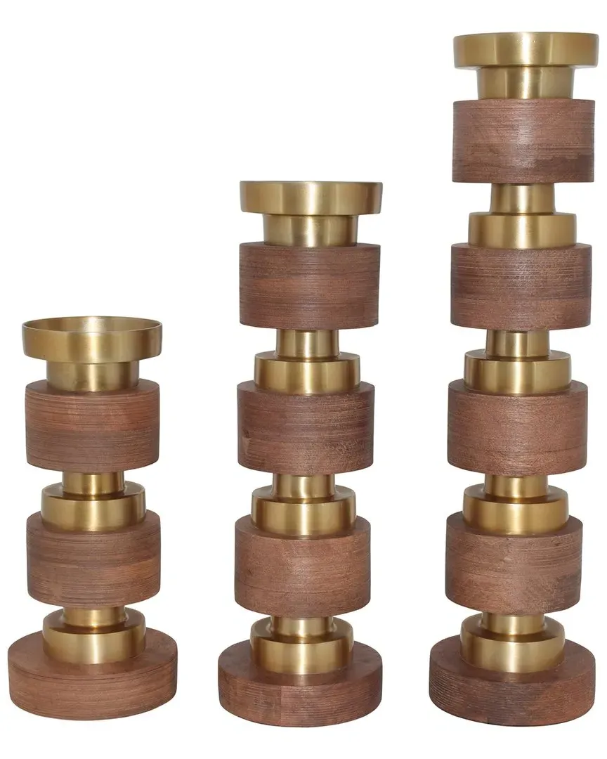 Elevarre Hollis Set of 3 Candle Sticks - Brown, Mango Wood image