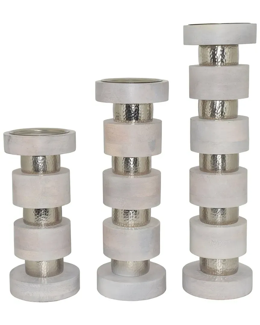 Elevarre Hollis Set of 3 Candle Sticks - White, Mango Wood