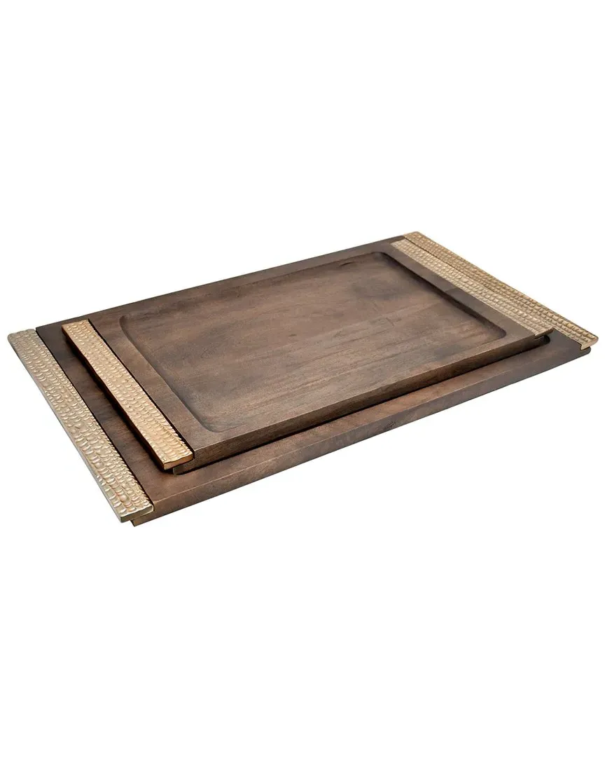 Elevarre Set of 2 Leaon Wooden Trays - Brown, Mango Wood
