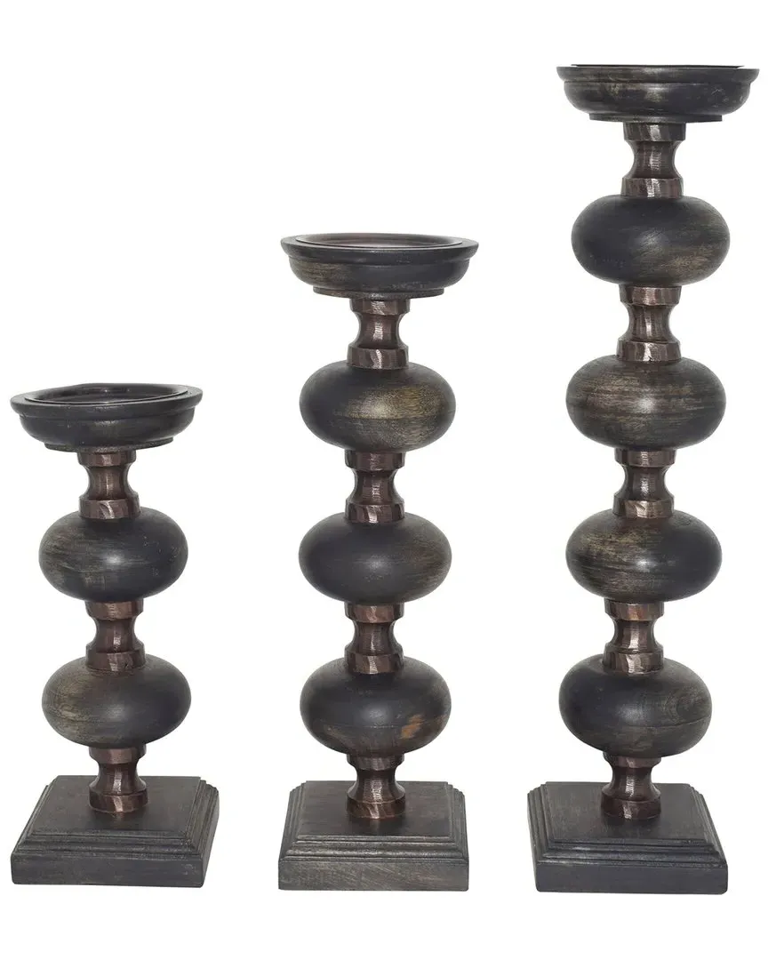 Elevarre Sumpter Set of 3 Candle Sticks - Black, Mango Wood