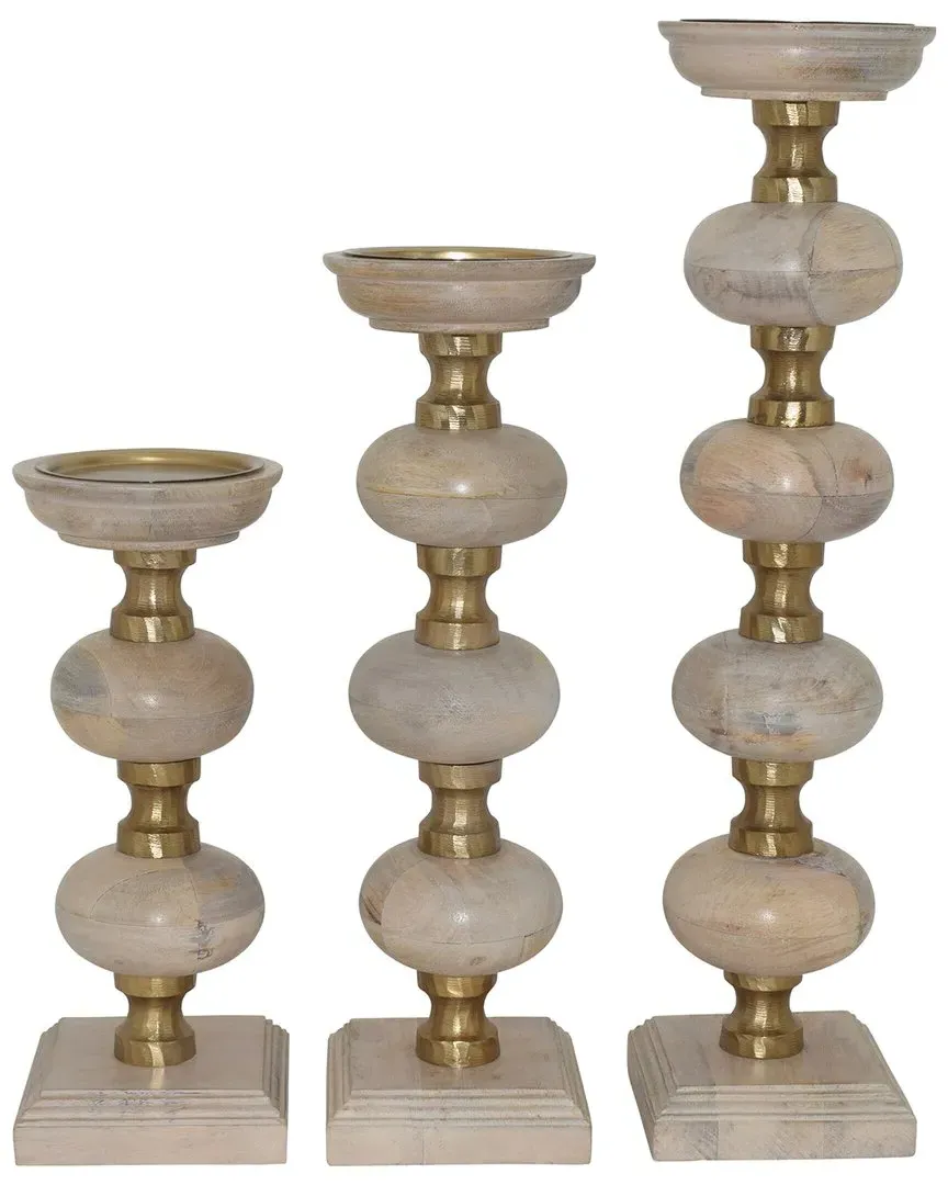 Elevarre Sumpter Set of 3 Candle Sticks - Brown, Mango Wood