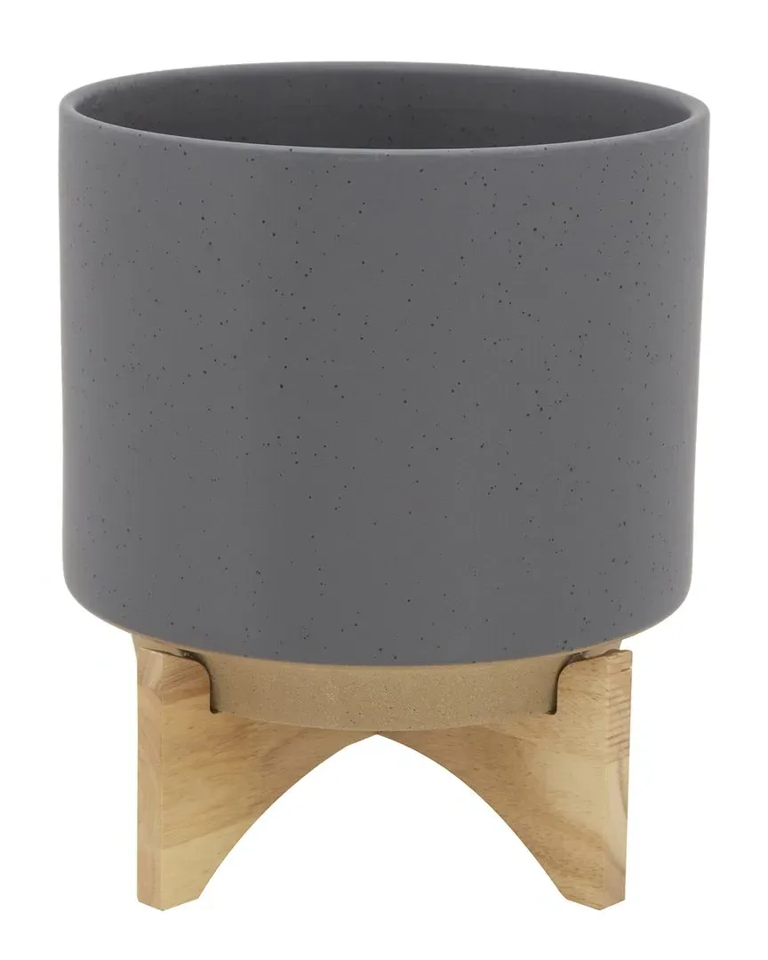Planter with Wood Stand - Gray, Ceramic image