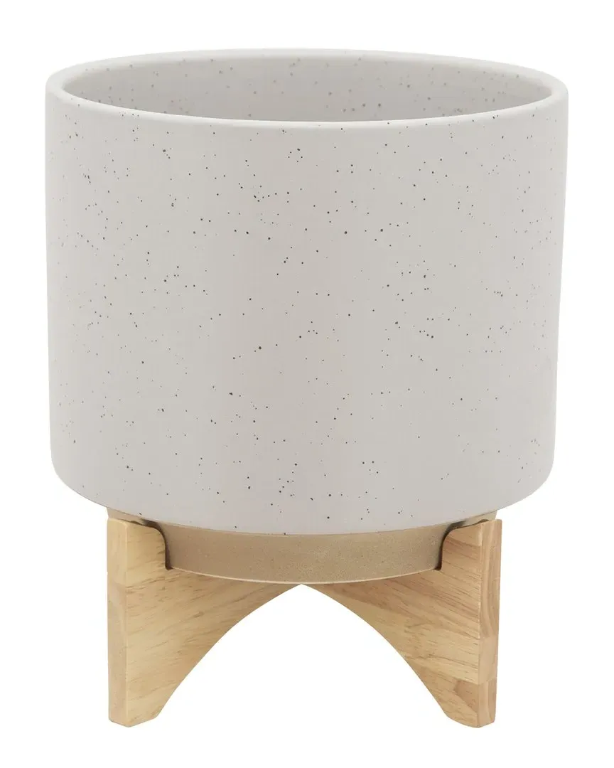 Planter with Wood Stand - Ivory, Ceramic