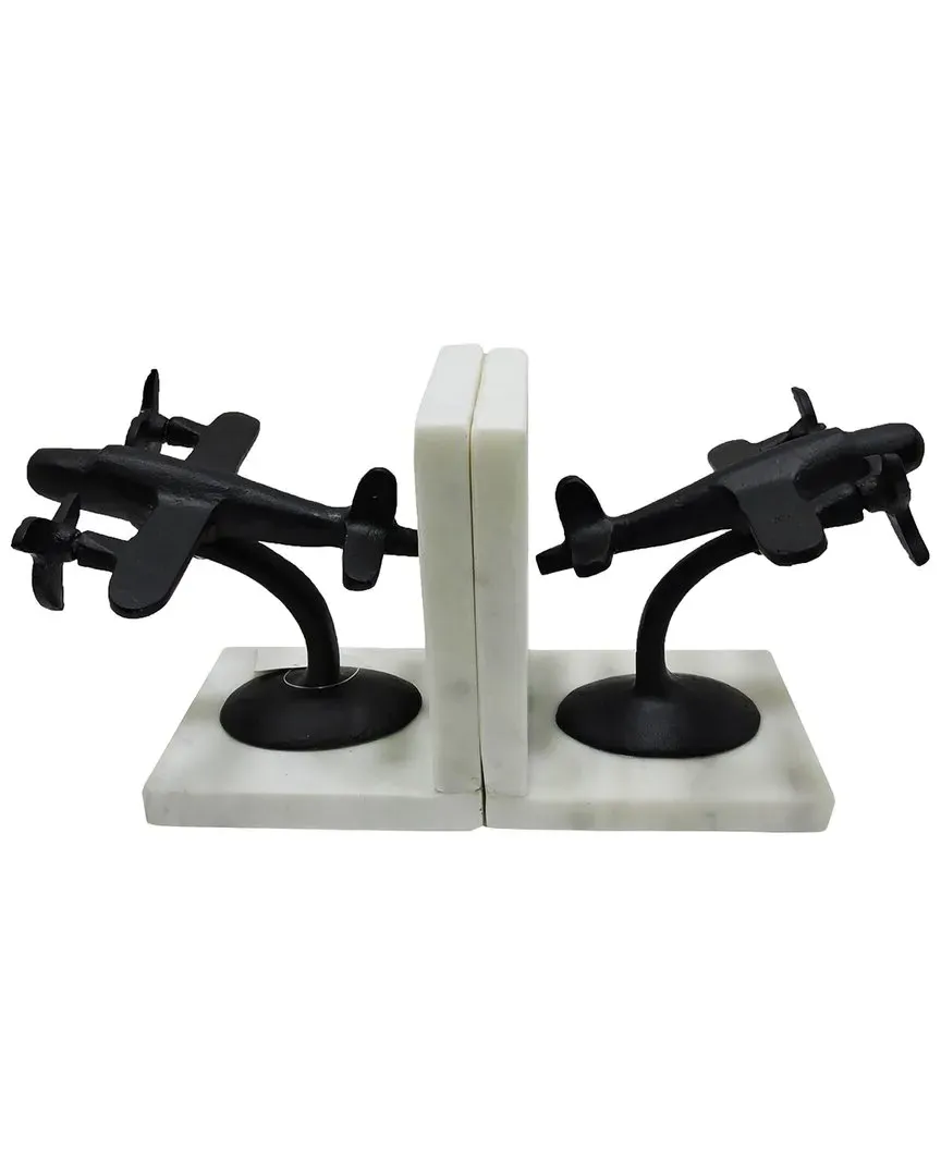 Set of 2 Metal Airplane Bookends on Marble - Black image