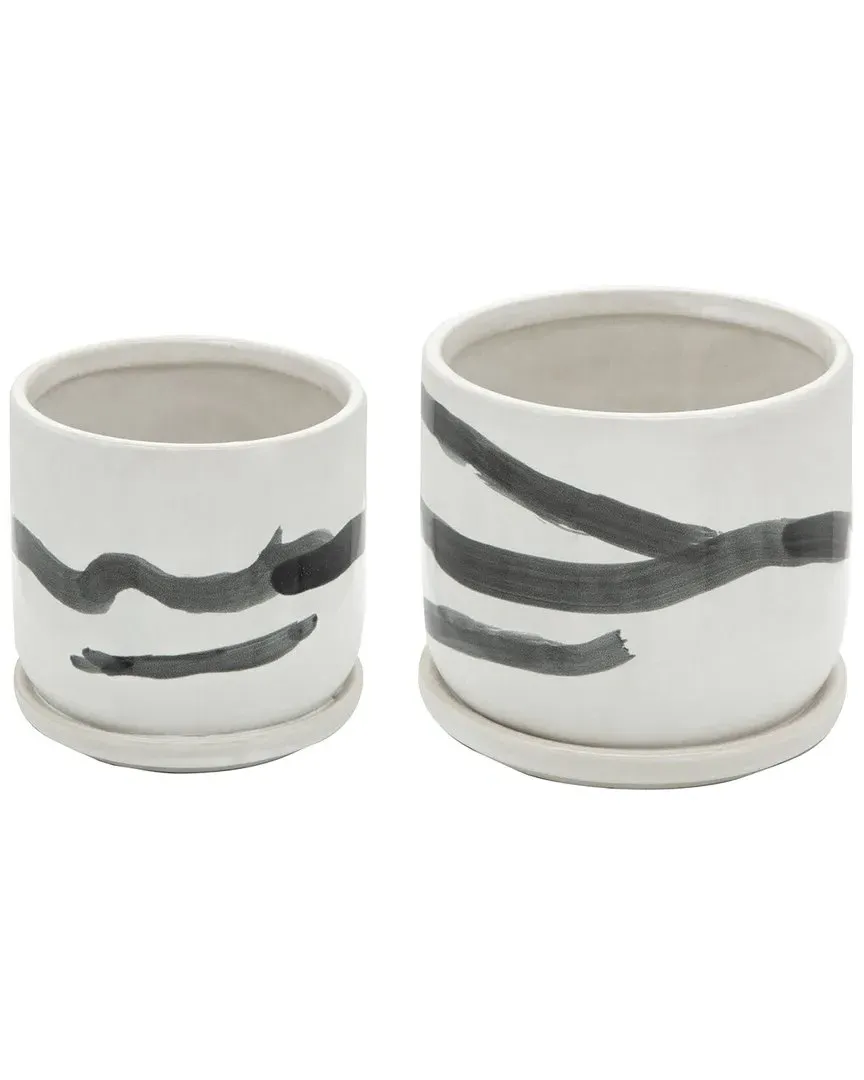 Set of 2 Painted Planters with Saucers - White, Ceramic image