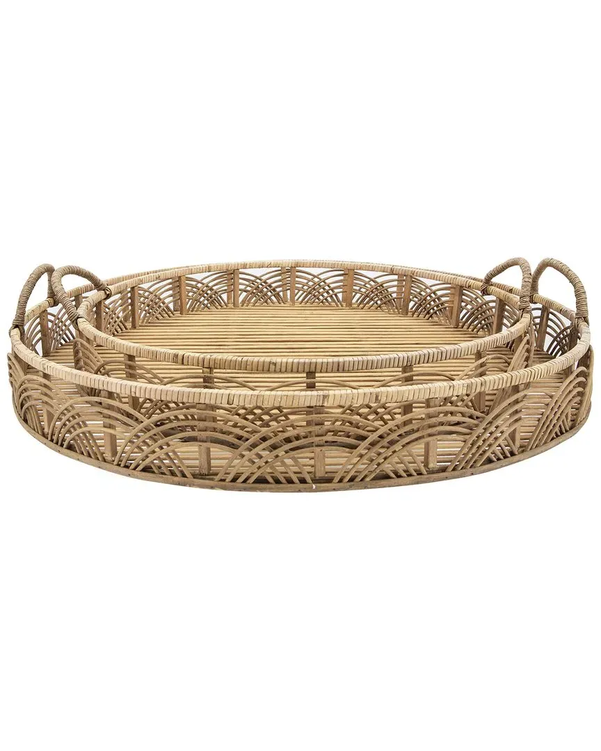 Set of 2 Round Trays - Brown, Bamboo