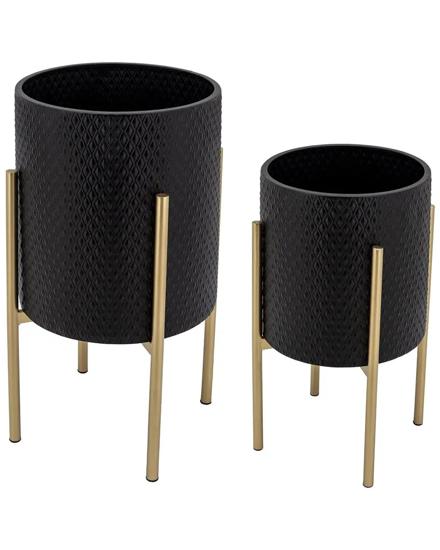 Set of 2 Textured Planters on Metal Stands - Black, Iron
