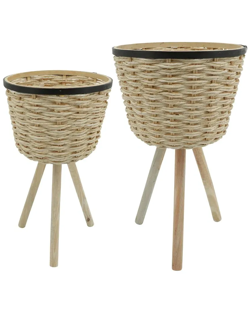 Set of 2 Wicker Footed Planters - White, Bamboo Wood