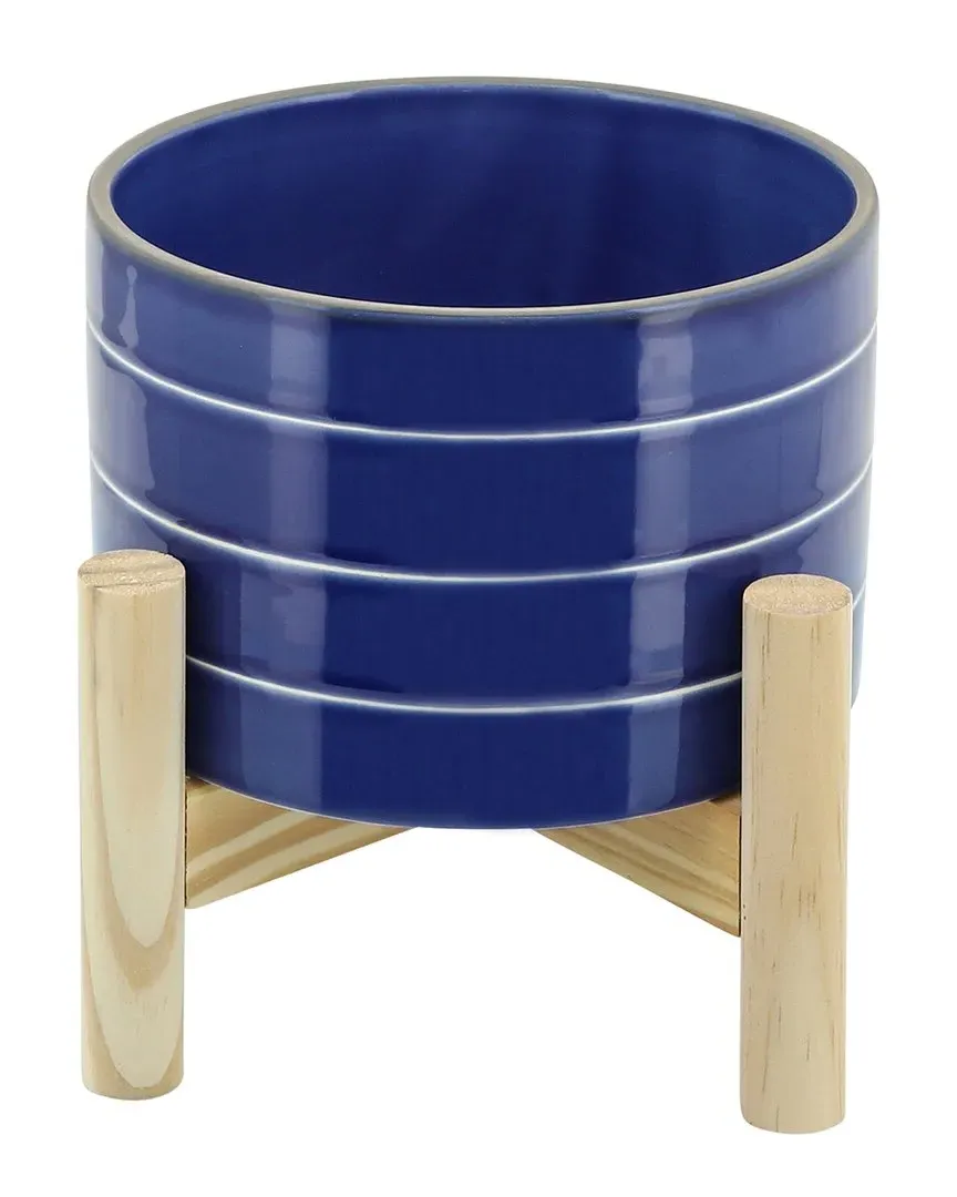 Striped Planter with Wood Stand - Blue, Ceramic image