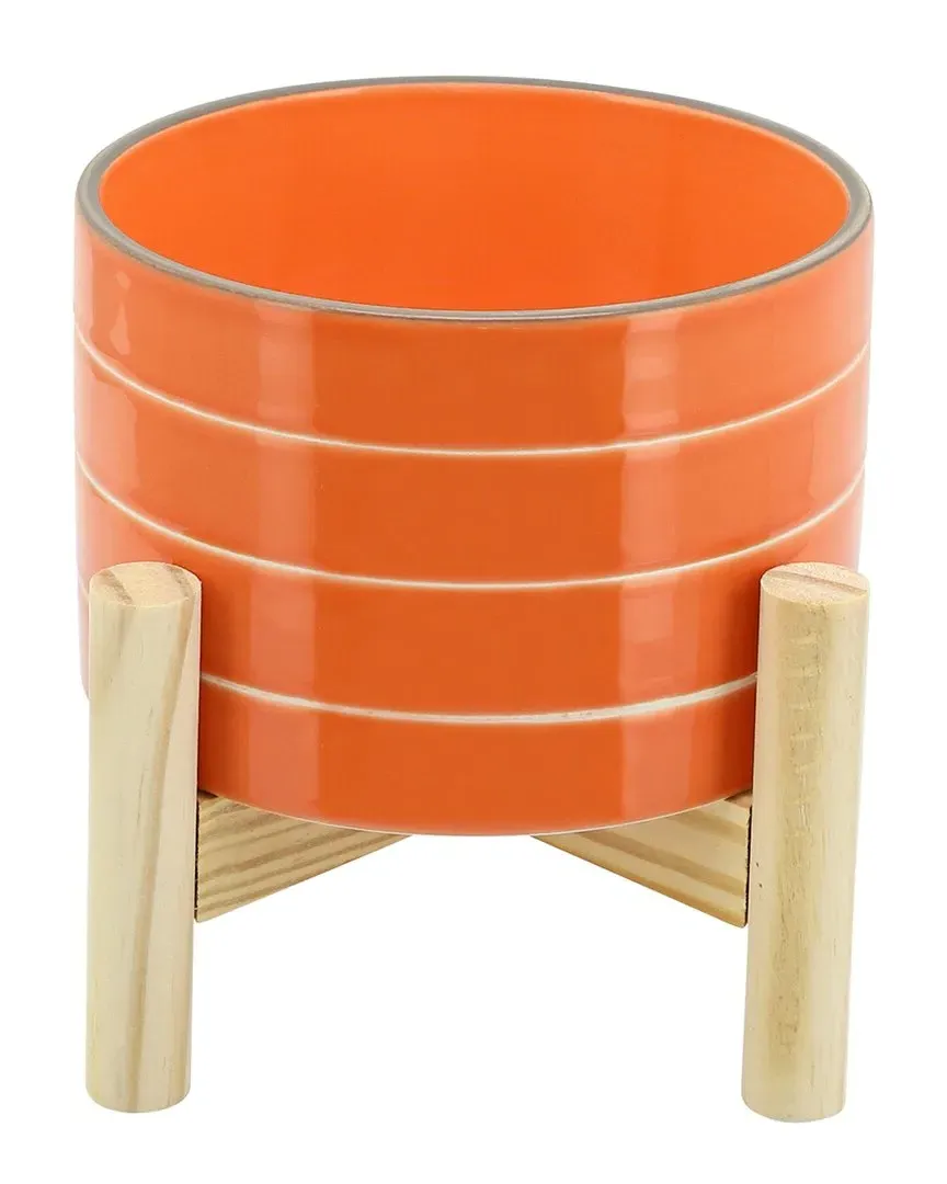 Striped Planter with Wood Stand - Orange, Ceramic