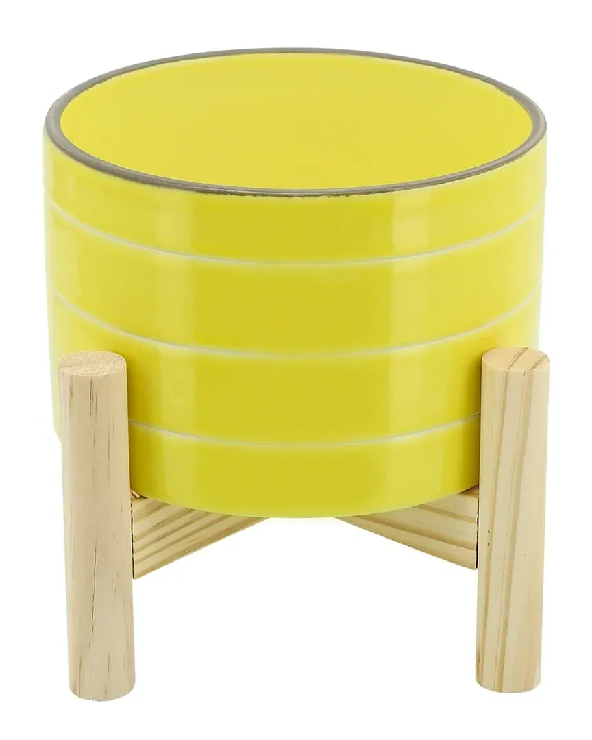 Striped Planter with Wood Stand - Yellow, Ceramic
