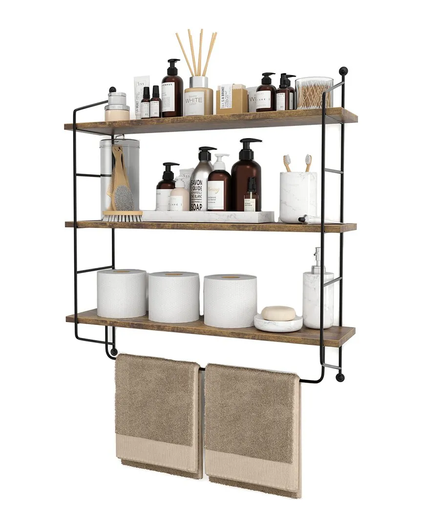 3-Tier Floating Shelves with Metal Brackets - Brown, Wood image