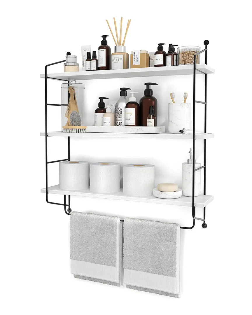 3-Tier Floating Shelves with Metal Brackets - White, Wood