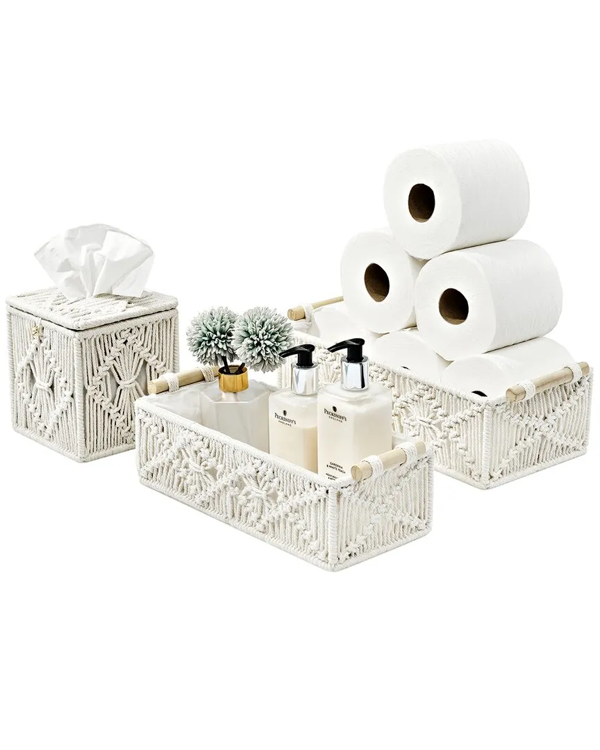 Paper Rope Bathroom Baskets & Tissue Holder Set - White image