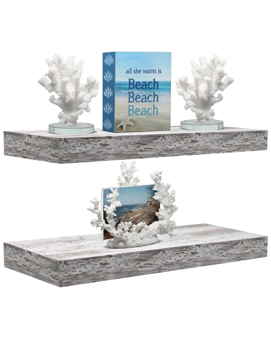 Rectangle Floating Wall Shelves Pack of 2 - White, Faux Wood image