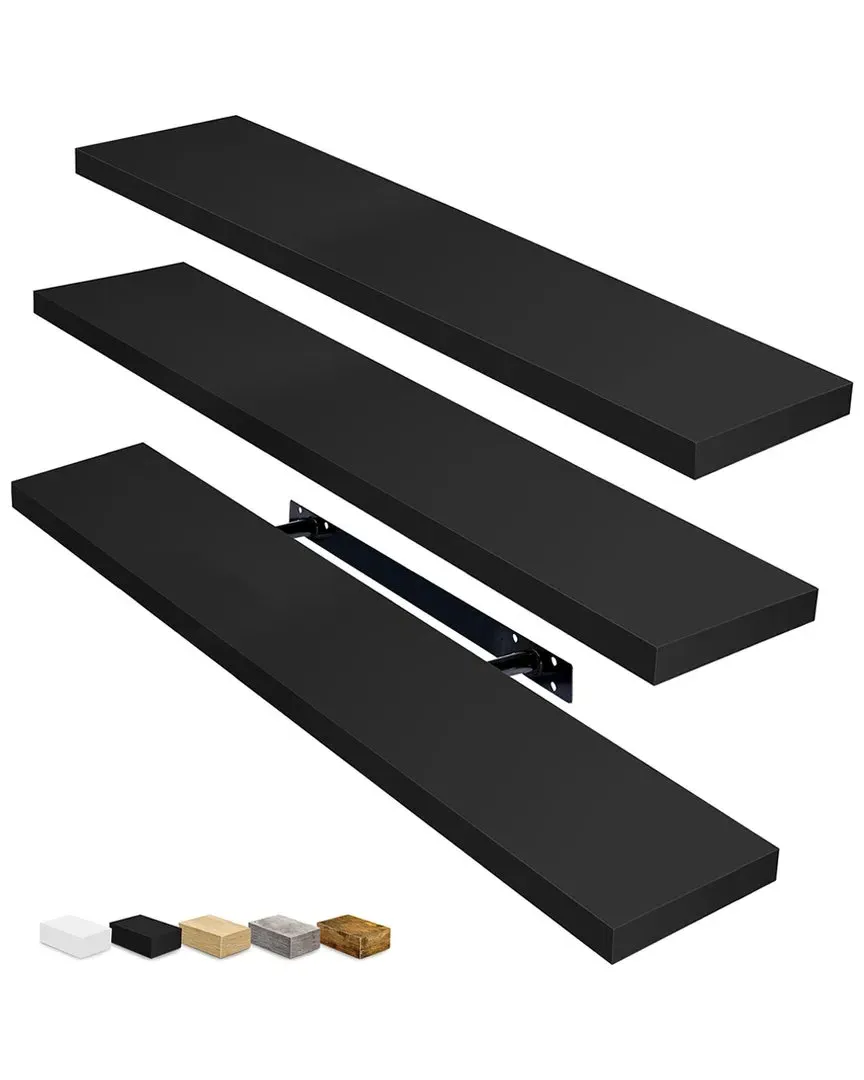 Set of 3 Long Floating Shelves - Black, MDF