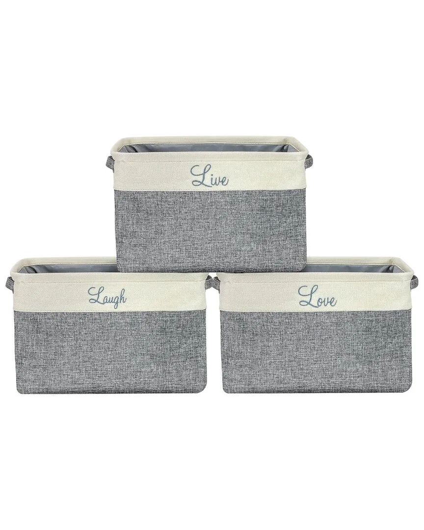 Set of 3 Twill Storage Baskets with Text - Grey, Cotton