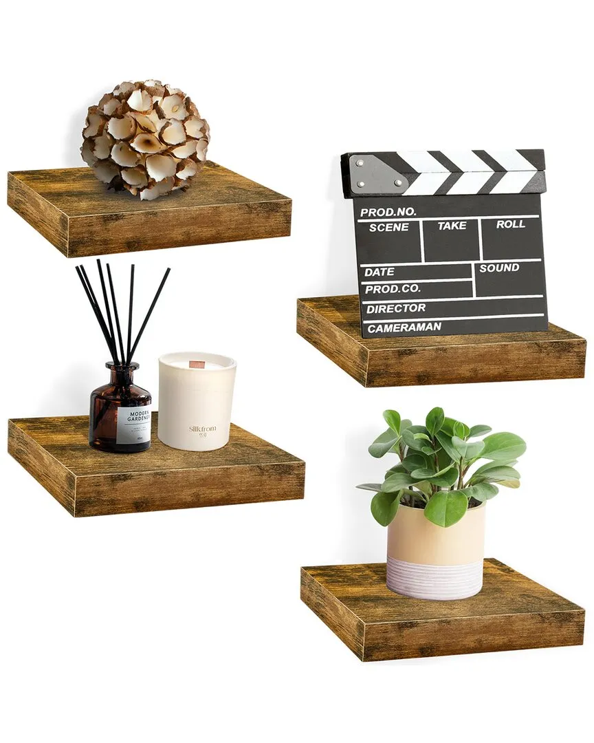 Set of 4 Square Floating Shelves - Brown, MDF