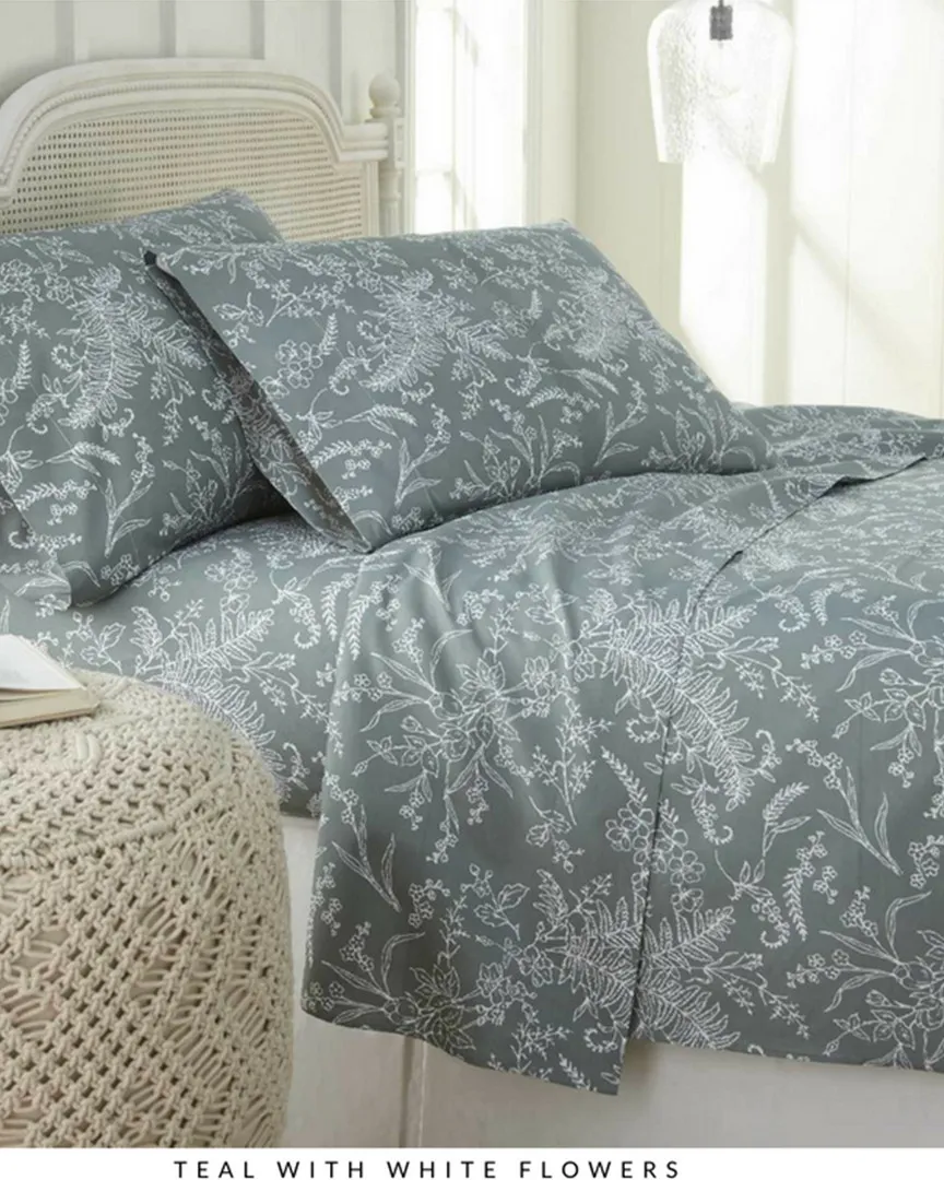 Deep Pocket Sheet Set - Green with White Flower, Microfiber