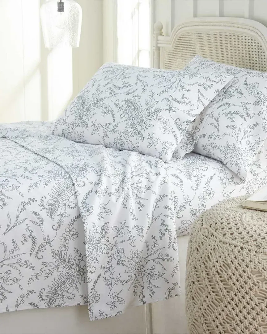 Deep Pocket Sheet Set - White with Green Flower, Microfiber