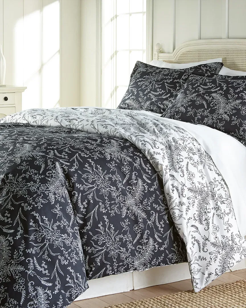 Reversible Floral Print Winter Brush Duvet Cover Set - Black