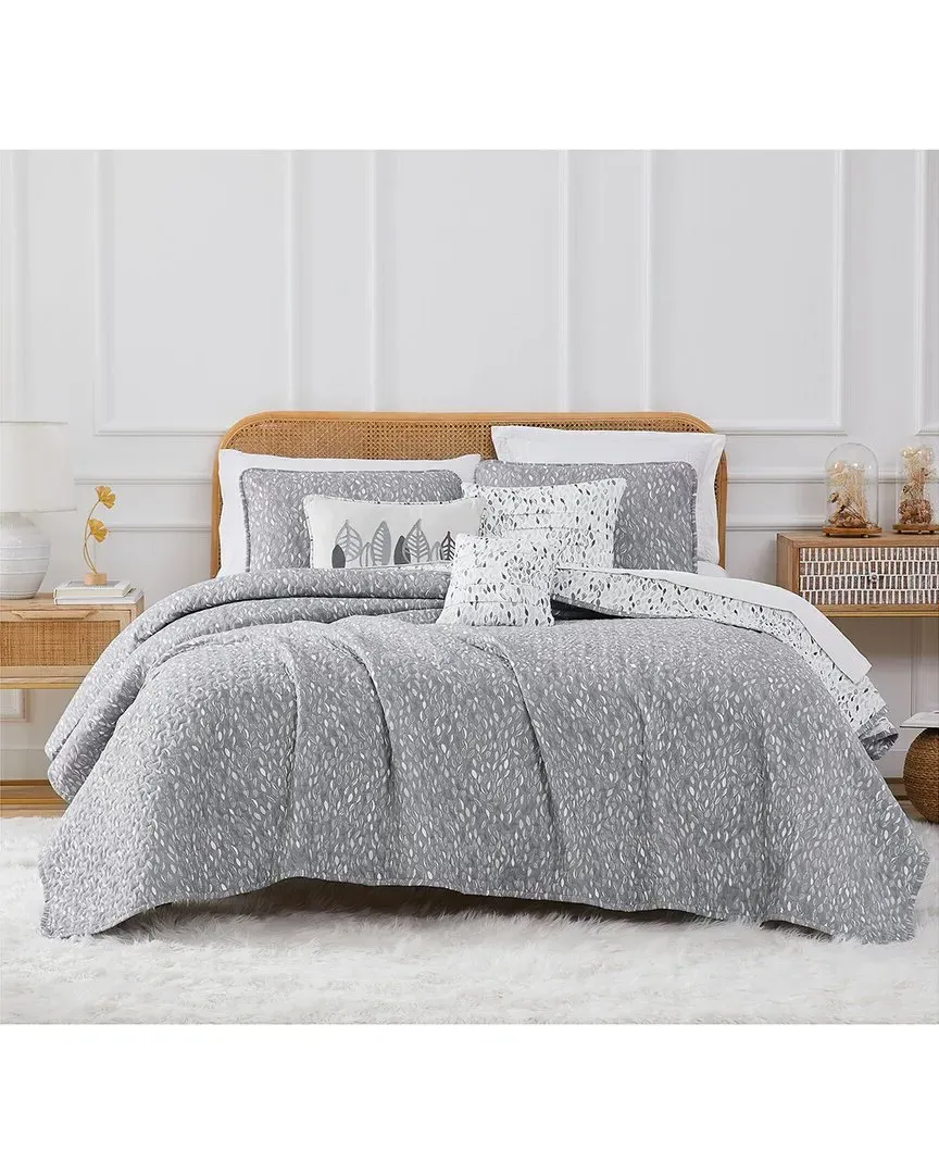 Botanical Leaves Quilt Bedding Set - Grey, Microfiber
