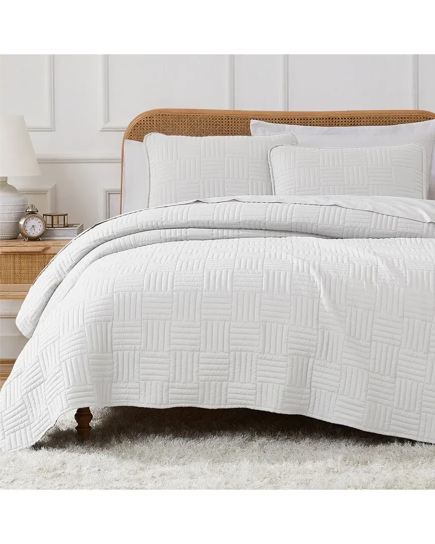 Grid 3-Piece Quilt and Sham Set - White, Microfiber