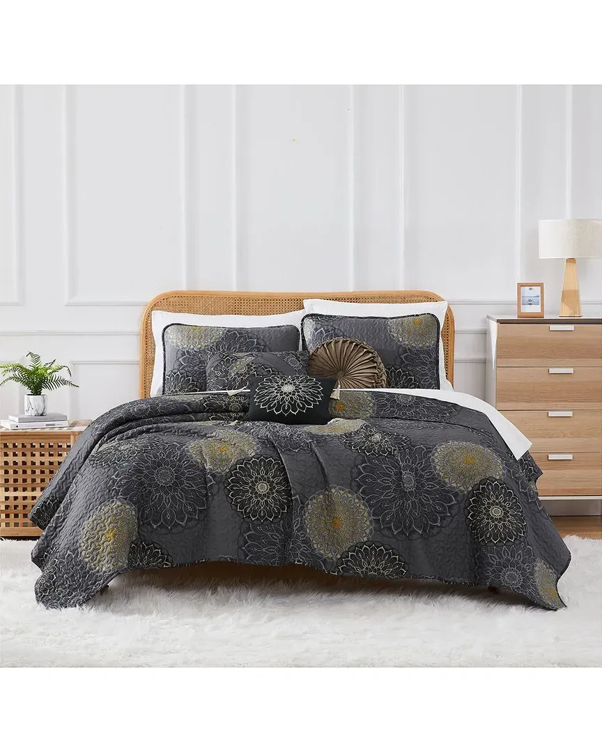 Midnight Floral Quilt Bedding Set - Black, Microfiber image