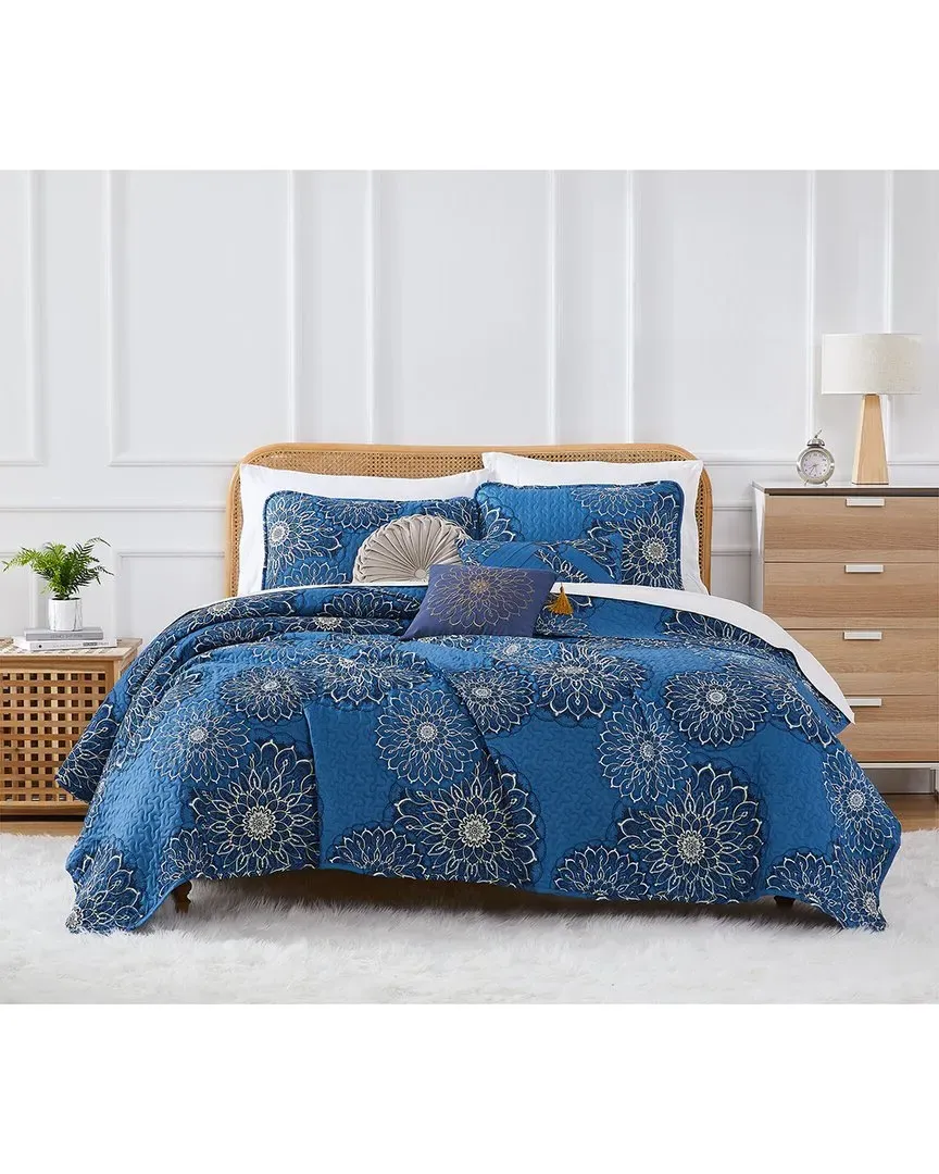 Midnight Floral Quilt Bedding Set - Blue, Microfiber