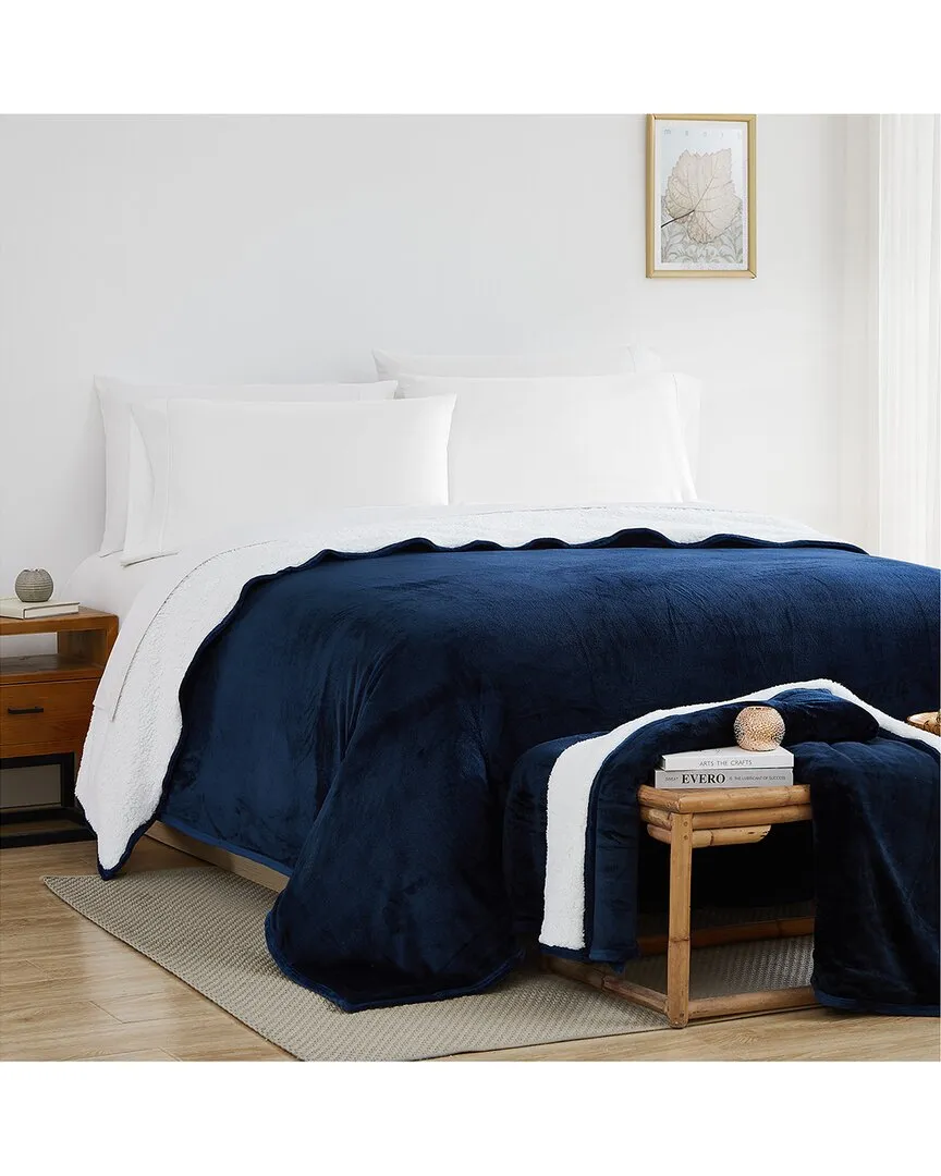 Reversible Sherpa Fleece Blanket - Navy, Polyester