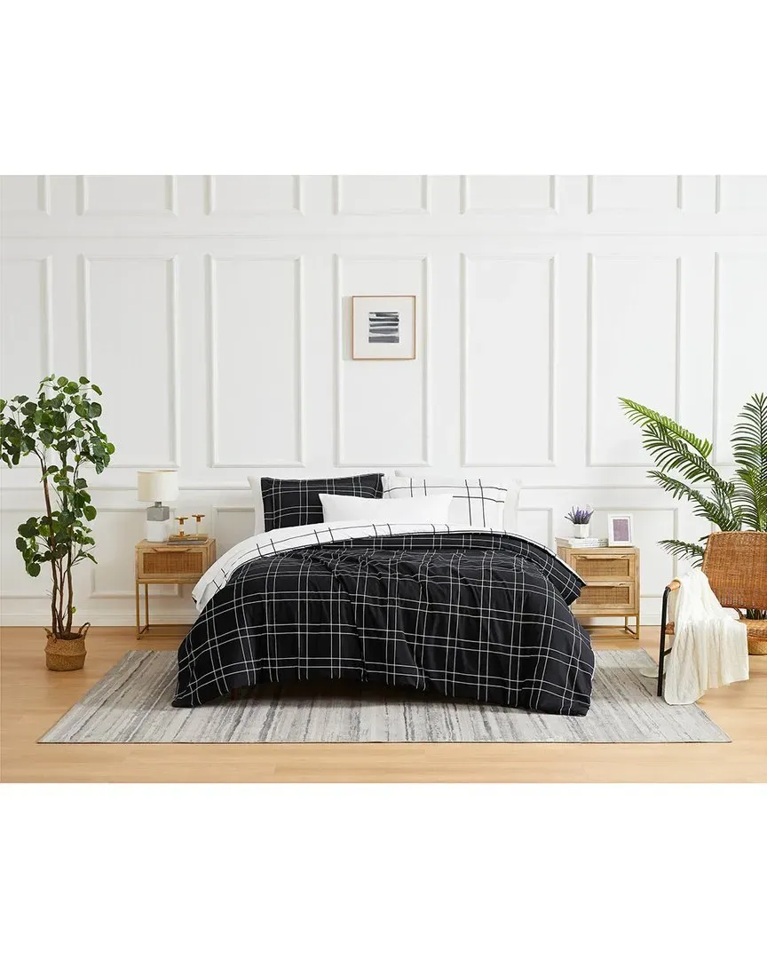 Urban Grid Oversized Duvet Cover Set - Black, Polyester
