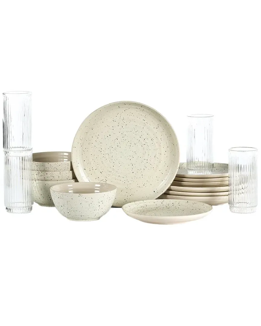 Dua 16pc Stoneware Dinnerware Set with Borosilicate Glass - White image