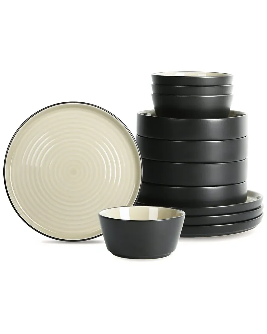 Elica 12-Piece Dinnerware Set - Beige/Black, Stoneware image