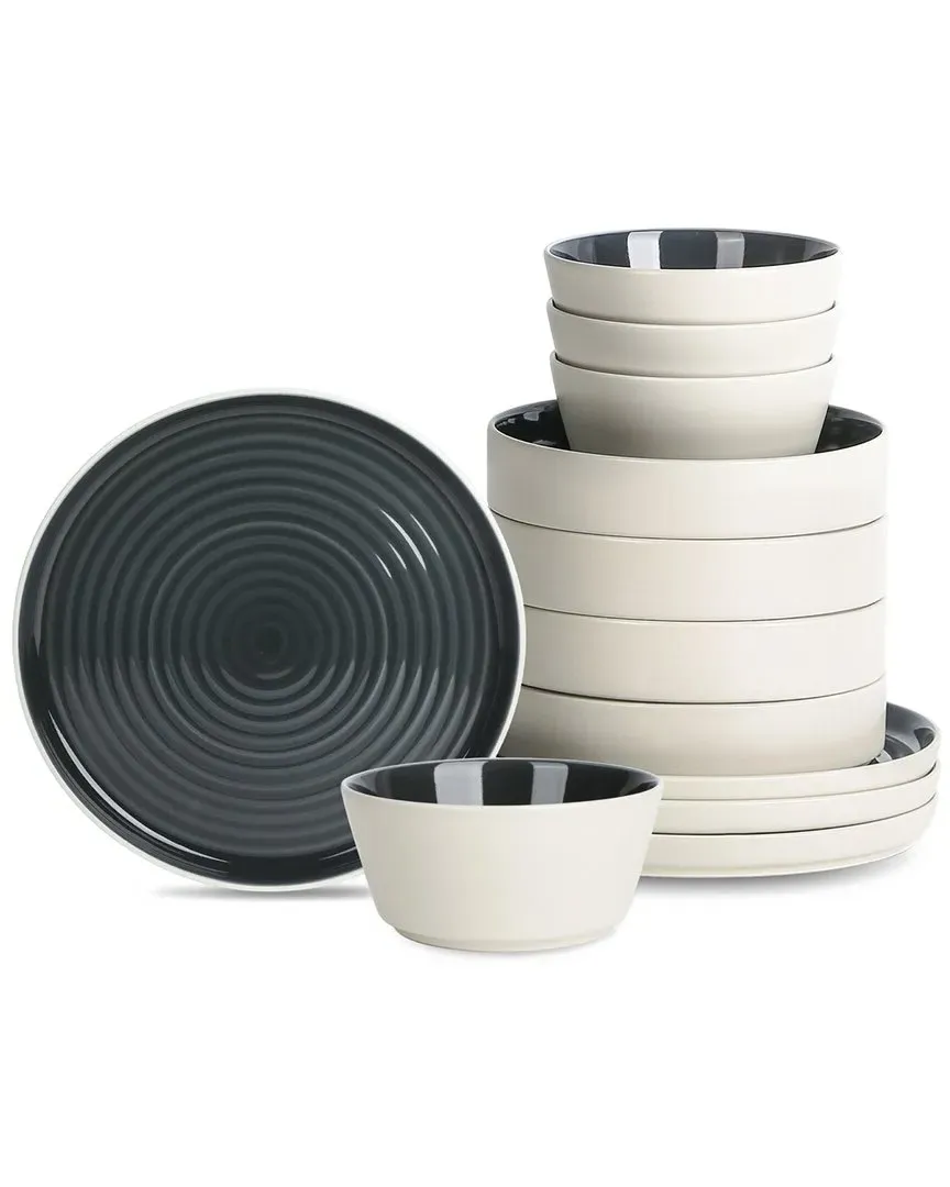 Elica 12-Piece Dinnerware Set - Black/Beige, Stoneware