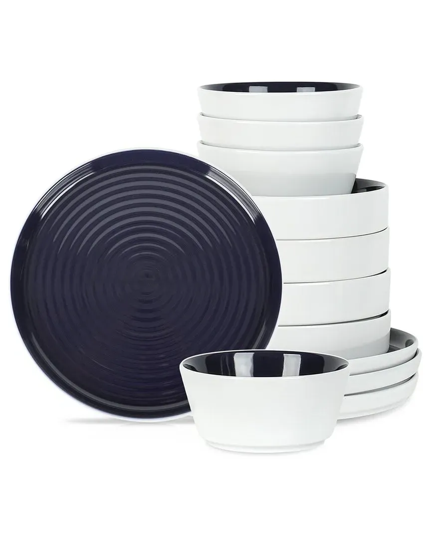 Elica 12-Piece Dinnerware Set - Navy/White, Stoneware