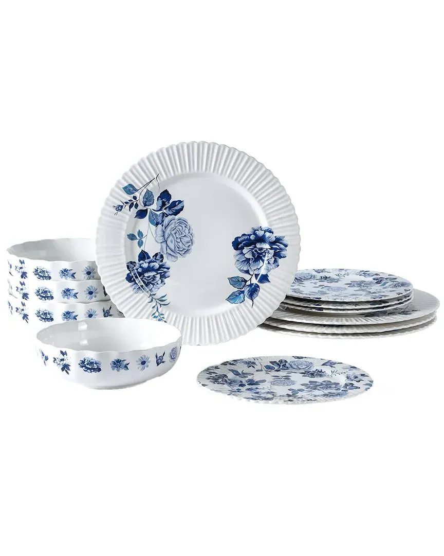 Fiore 12-Piece Dinnerware Set - Blue, New Bone China