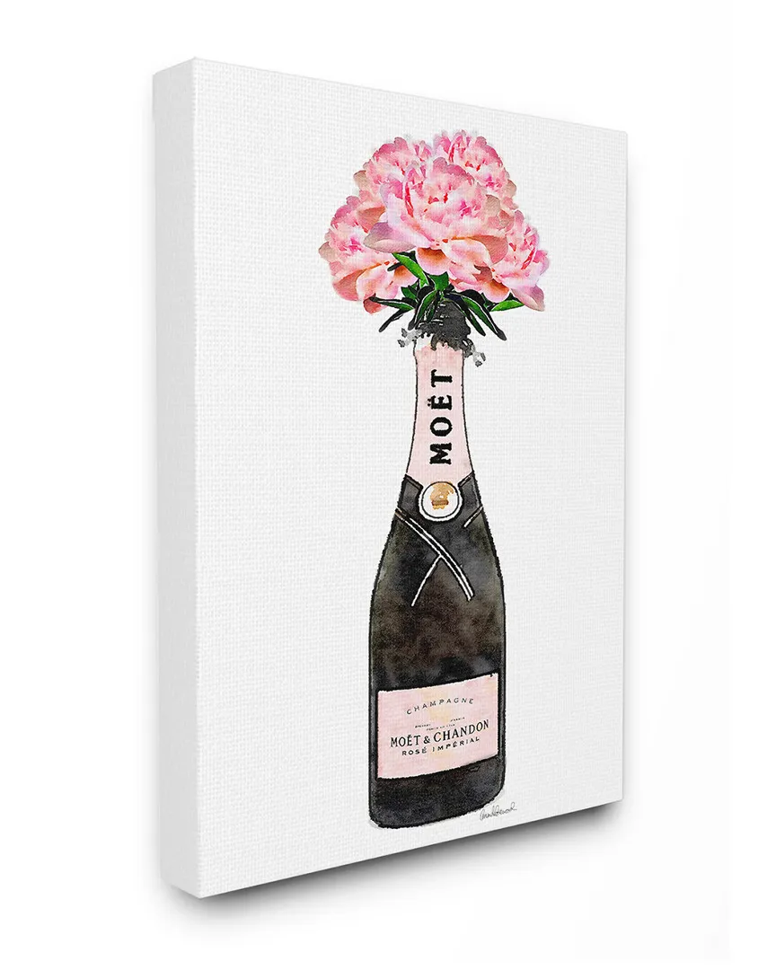 Champagne Bottle Pink Flowers Canvas Art Print - Watercolor image