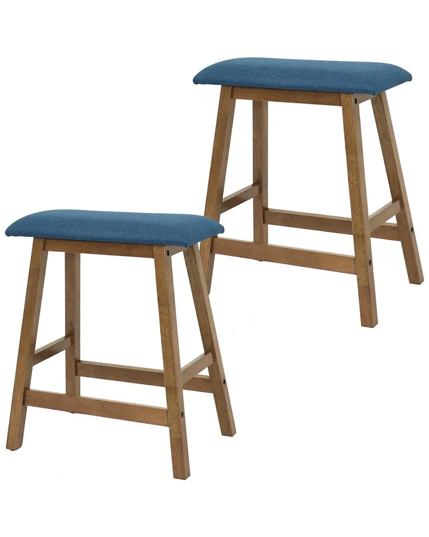 Set of 2 Cushioned Counter-Height Stools - Brown, Rubberwood