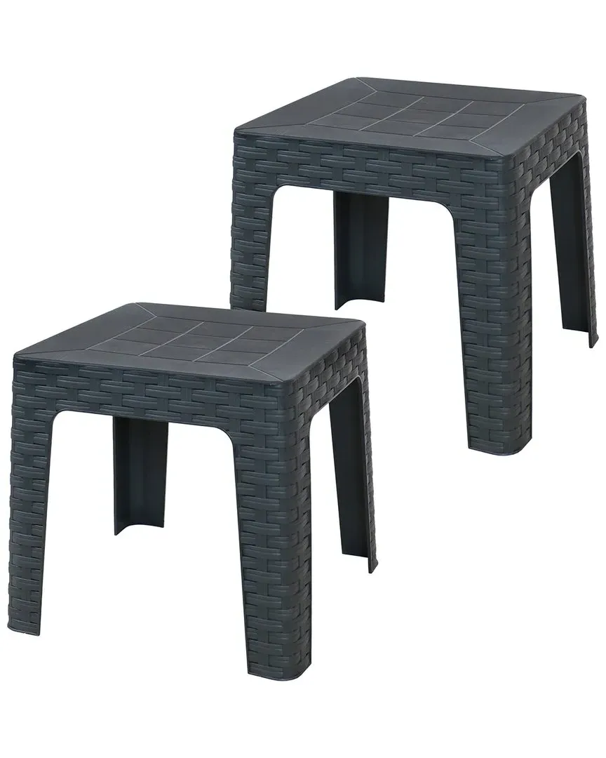 Set of 2 Square Patio Side Tables - Grey, Polypropylene