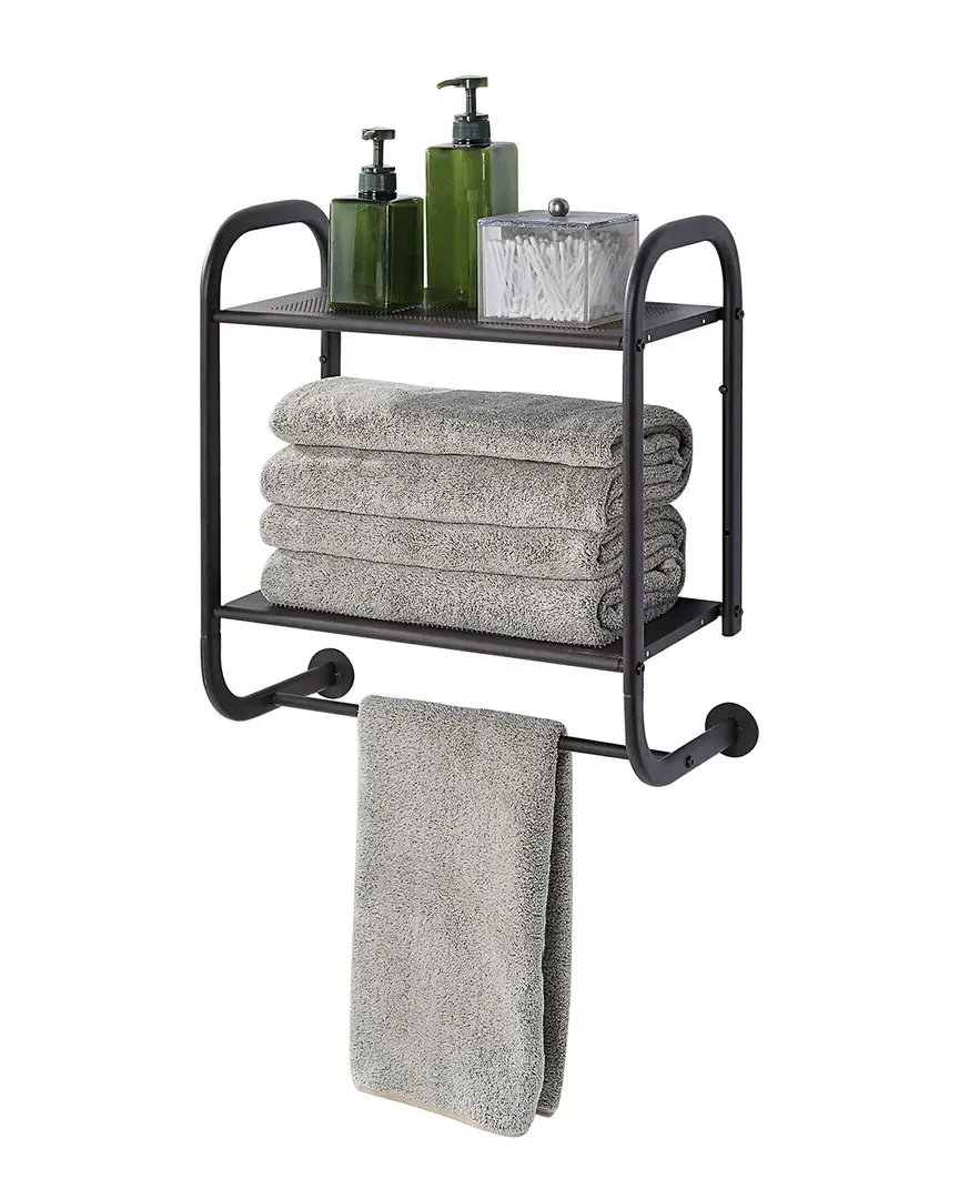 2 Tier Wall Mount Bathroom Shelf with Towel Bar - Brown, Steel image