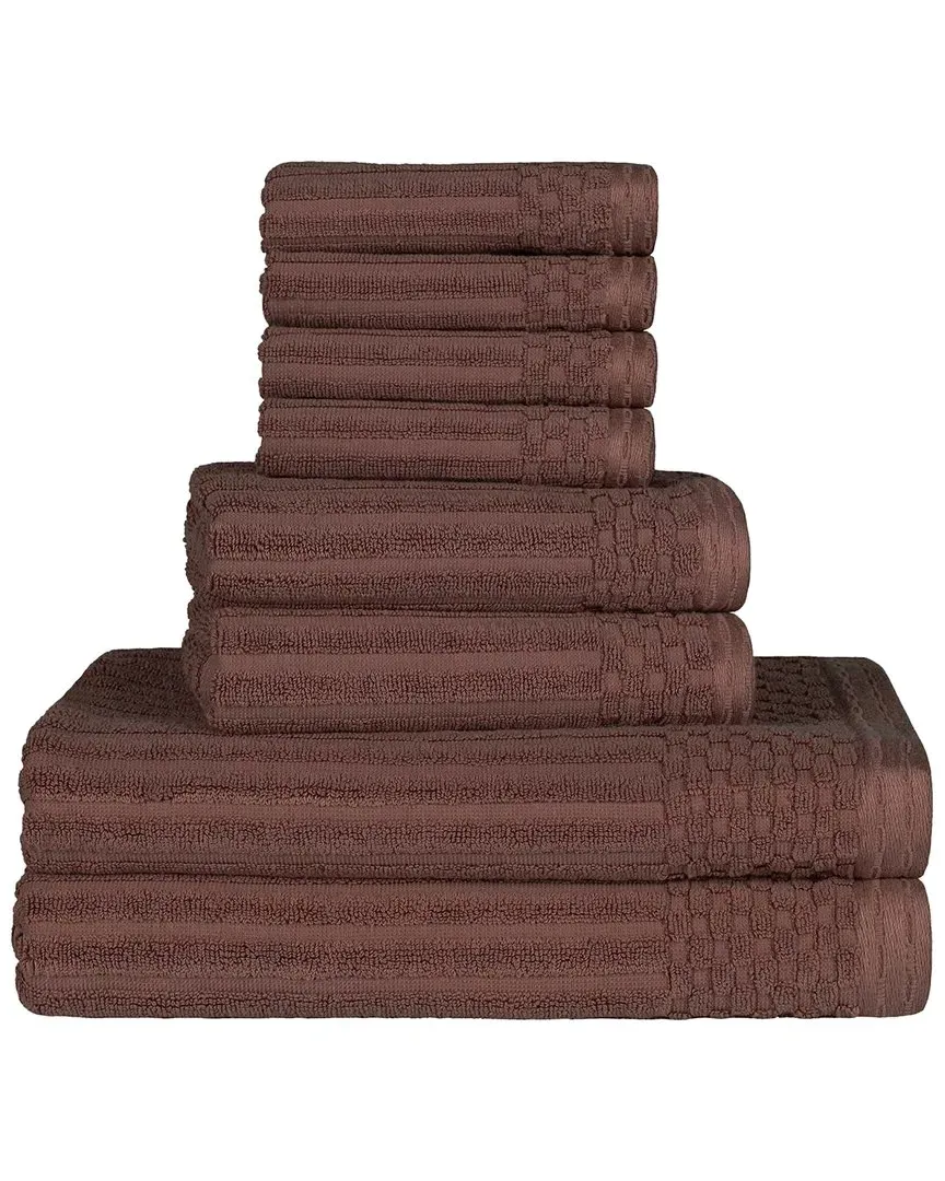 Cotton 8-Piece Towel Set with Checkered Border - Brown