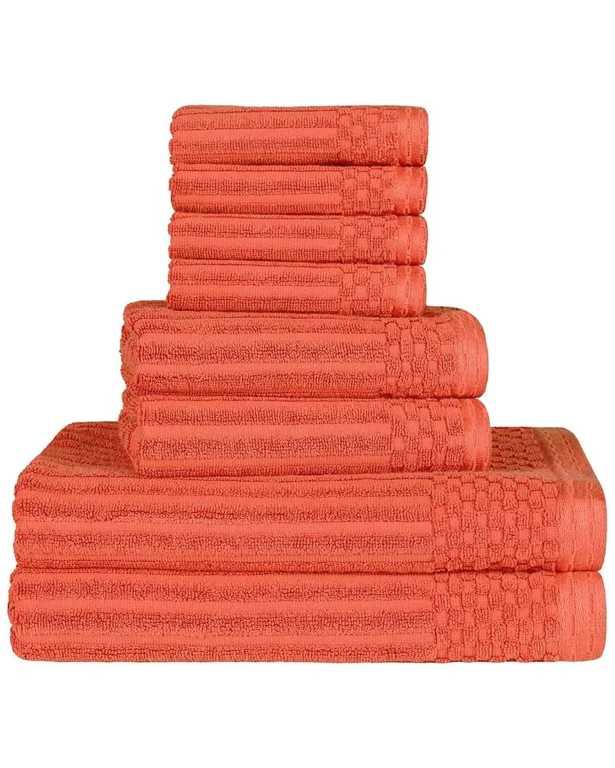 Cotton 8-Piece Towel Set with Checkered Border - Coral