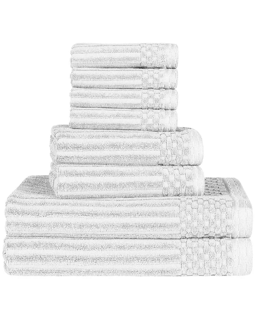 Cotton 8-Piece Towel Set with Checkered Border - White